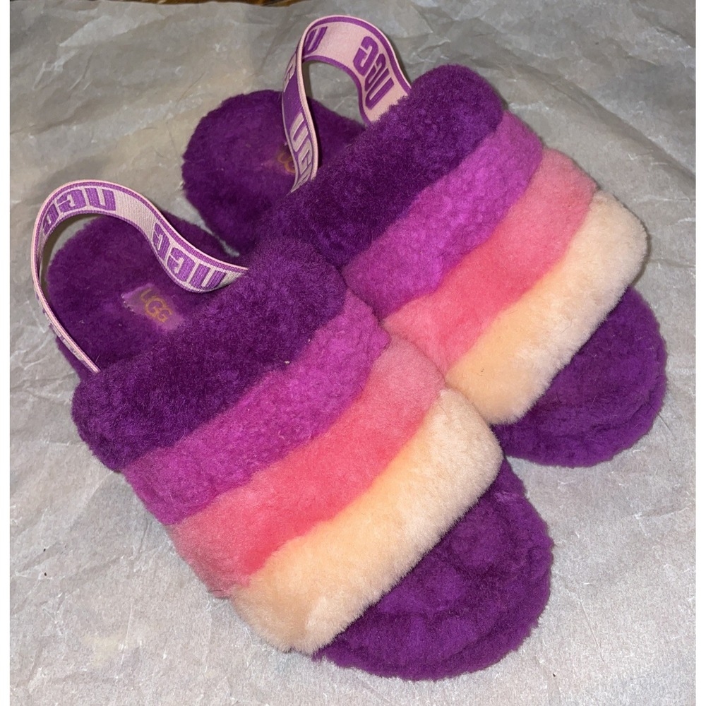 UGG Fluff Yeah Slipper Sandal Women's Size 6 Purple Pink Furry Slingback Shoe